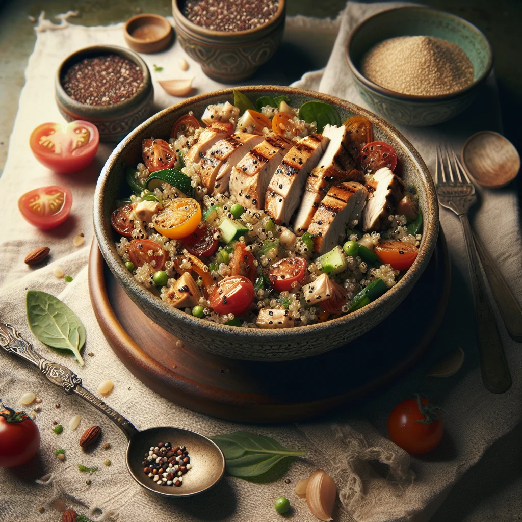 Salada de Quinoa Salgada com Frango Grelhado e Legumes Frescos