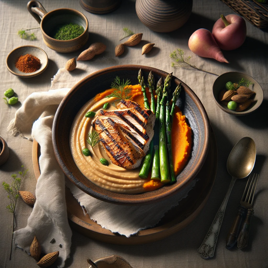 Peru Grelhado com Puré de Batata Doce e Espargos Verdes