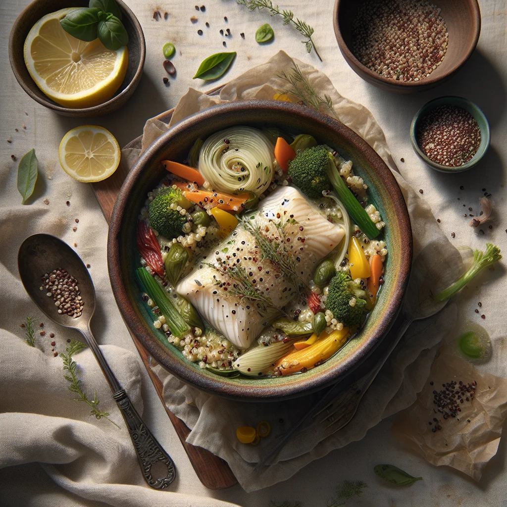 Saudáveis pacotinhos de peixe cozido com quinoa e legumes
