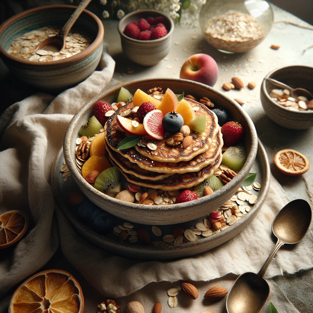 Crispy oat pancakes with fresh fruit and nuts