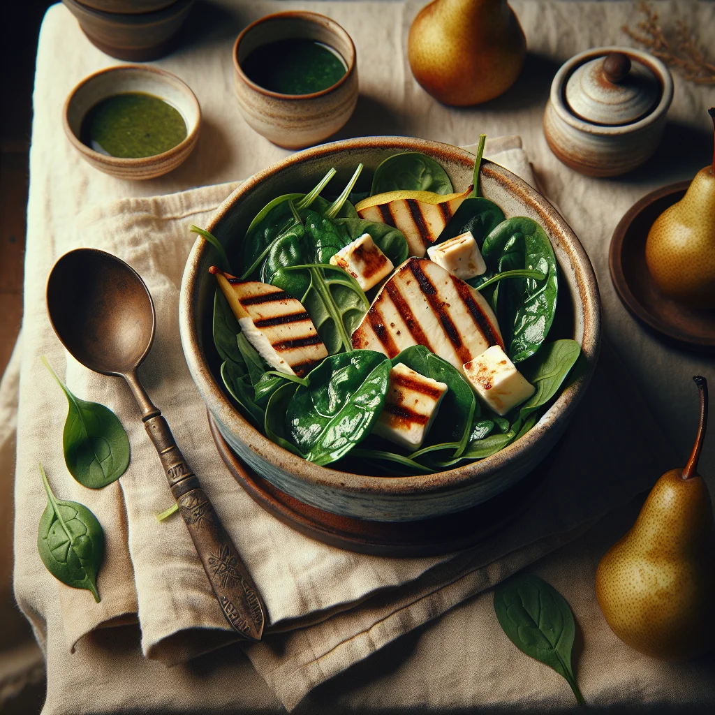 Fresh Spinach Salad with Grilled Halloumi and Pear
