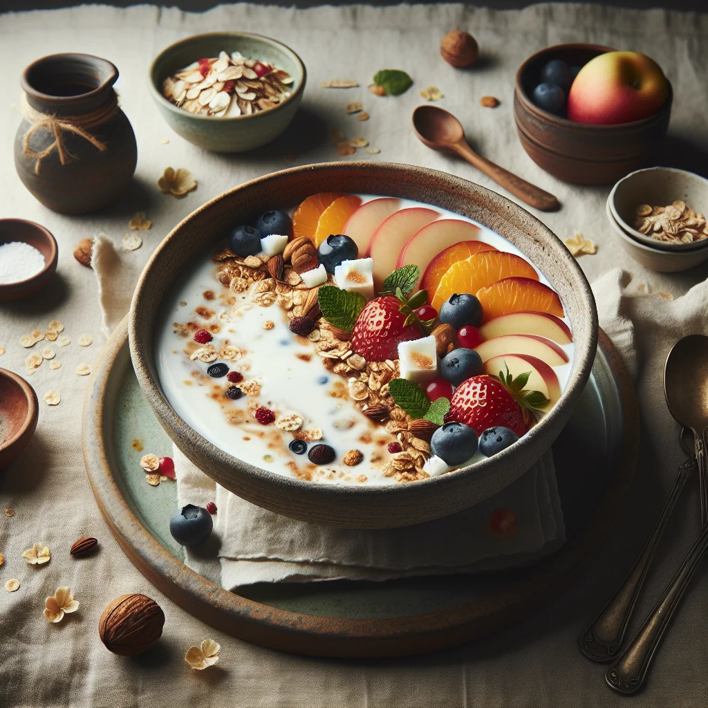 Frutas Frescas com Iogurte de Coco e Muesli Crocante