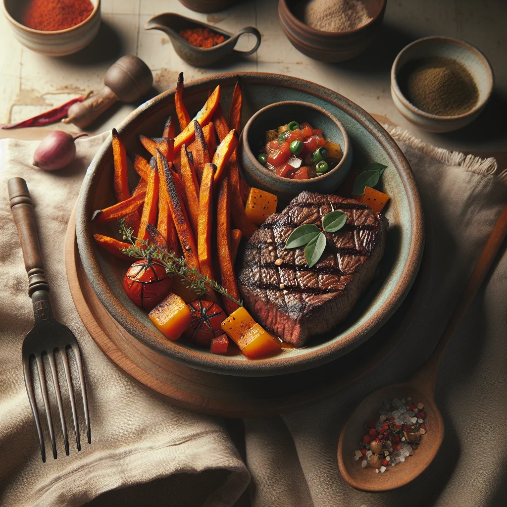 Especial do Chef: Bife Assado com Batatas Doces Fritas e Salsa Picante