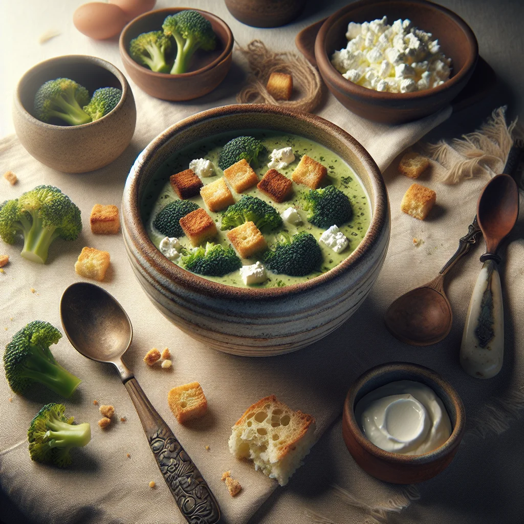 Gesunde Brokkolisuppe mit Croutons und Hüttenkäse