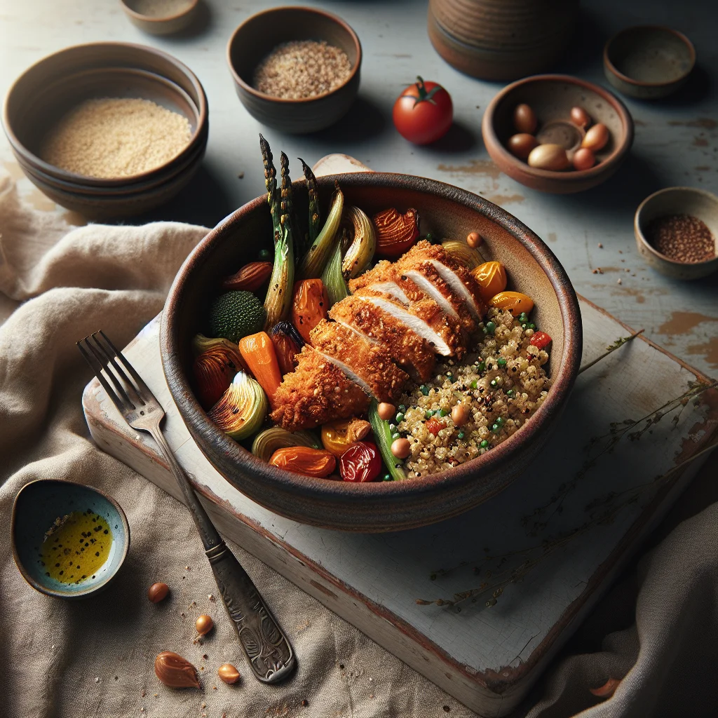 Especial do Chef: Frango Crocante em uma Cama de Quinoa e Legumes Assados
