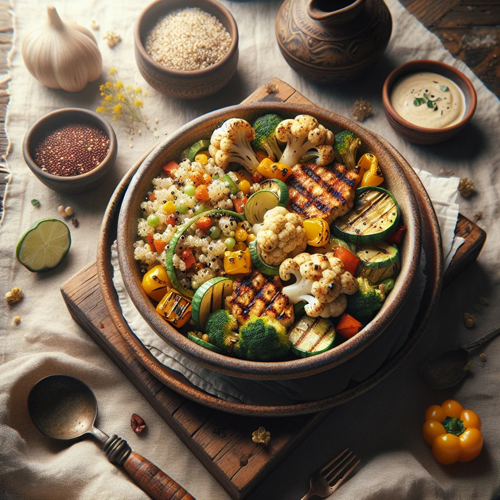Felizes Bifes de Couve-Flor Vegan com Legumes Grelhados e Salada de Quinoa