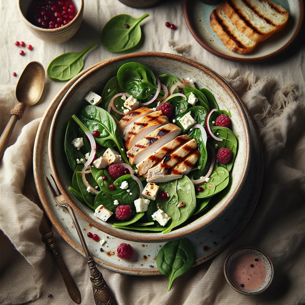 Fresh Spinach Salad with Grilled Chicken, Feta and Raspberry Vinaigrette