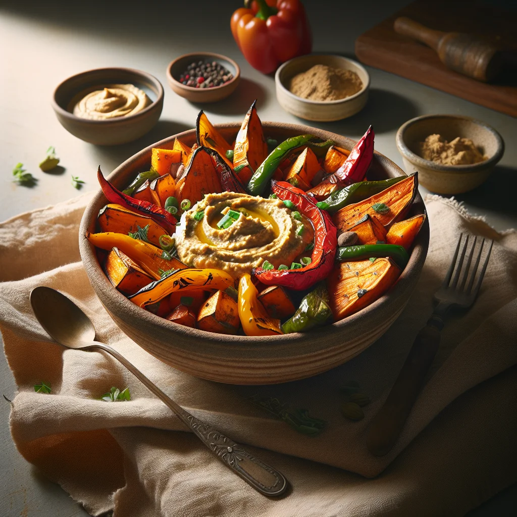 Batatas Doces Assadas com Hummus e Pimentos Grelhados