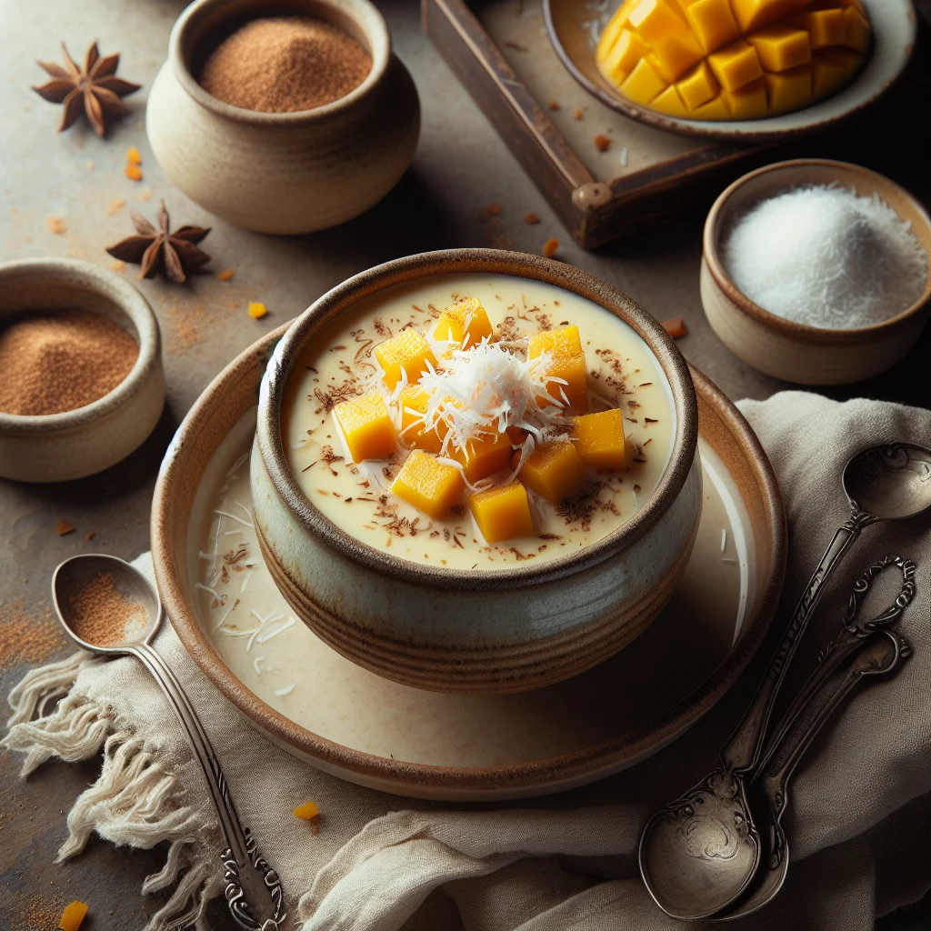 Cremiges Mango-Kokos Dessert mit Geroesteten Kokosflocken