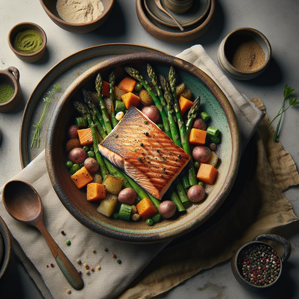 Chef's Special: Salmão Grelhado com Batata Doce e Espargos Verdes