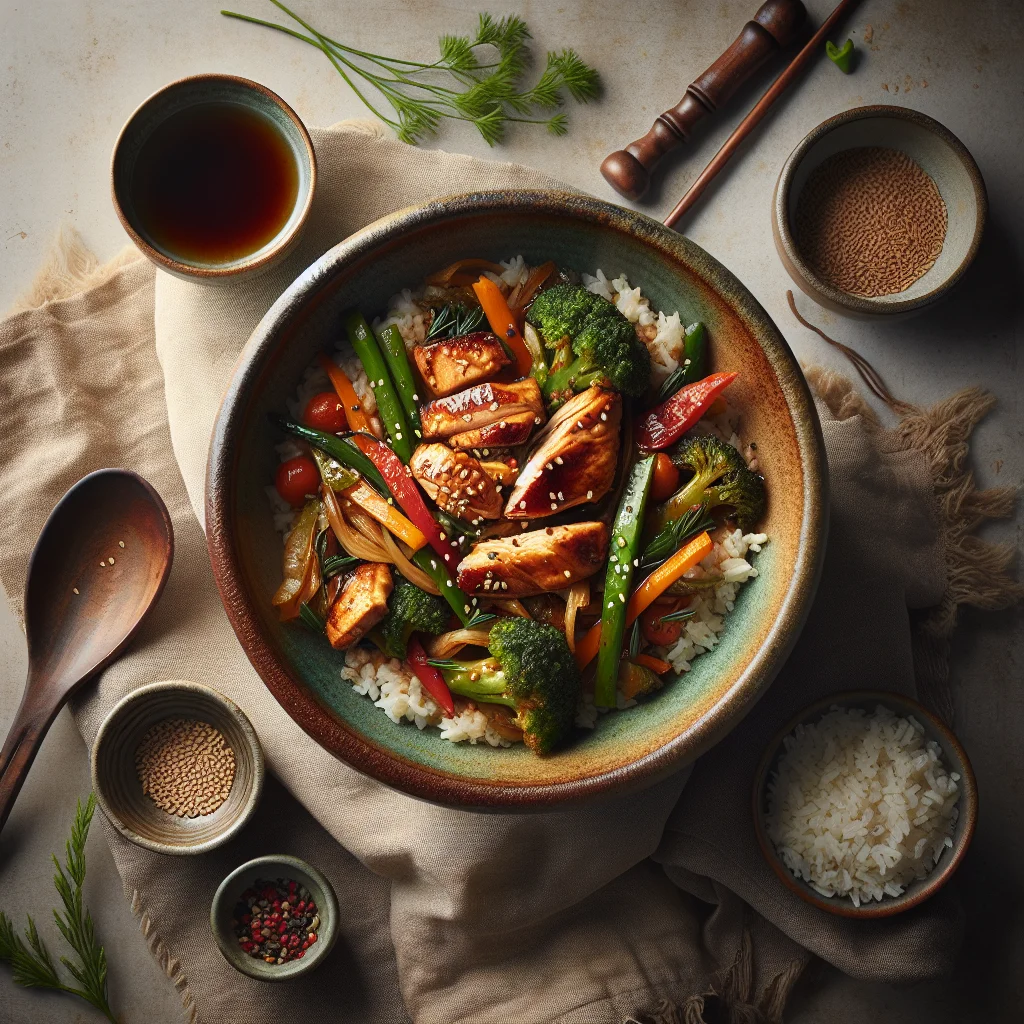 Especial do Chef: Frango Teriyaki Exótico com Legumes Salteados e Arroz Basmati