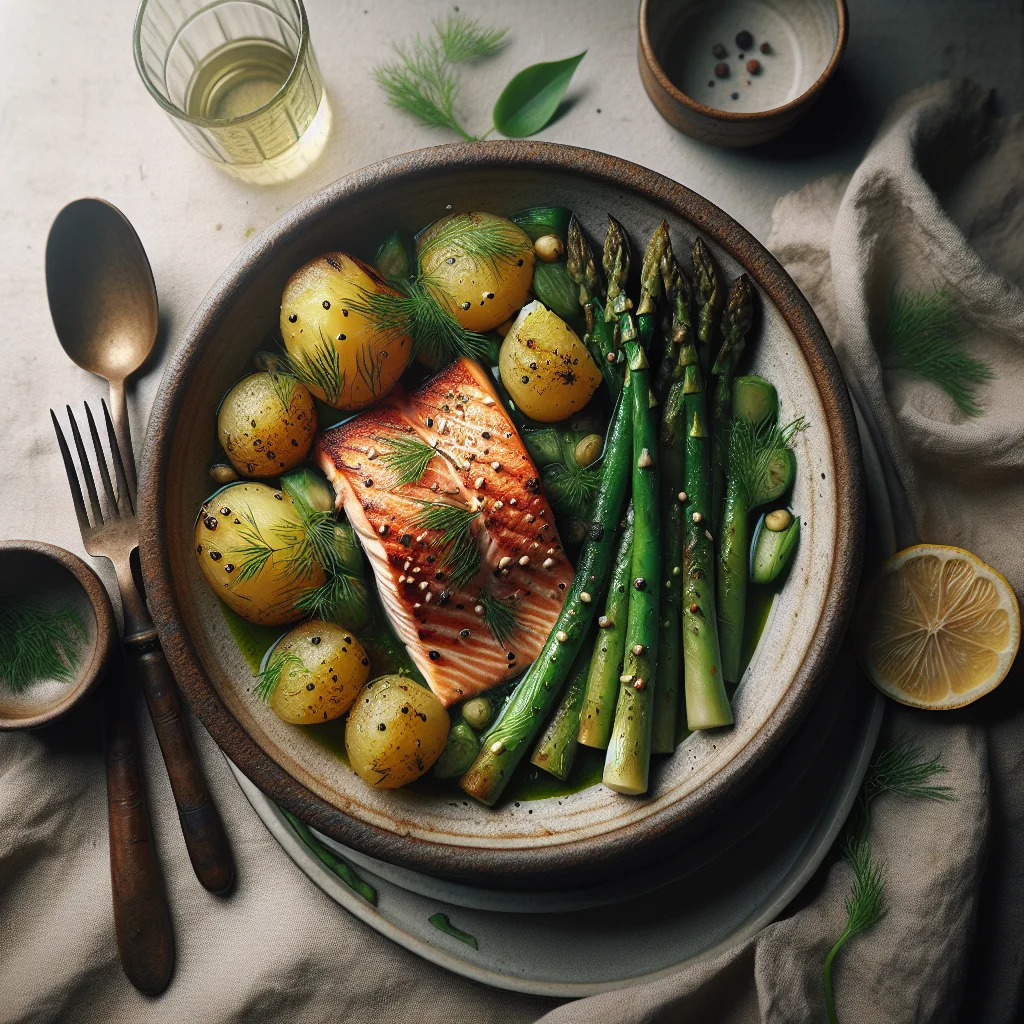 Salmão Grelhado com Batatas de Endro e Espargos Verdes