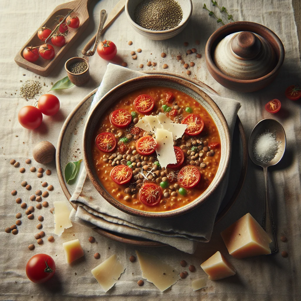 Italian lentil soup with fresh tomatoes and Parmesan cheese