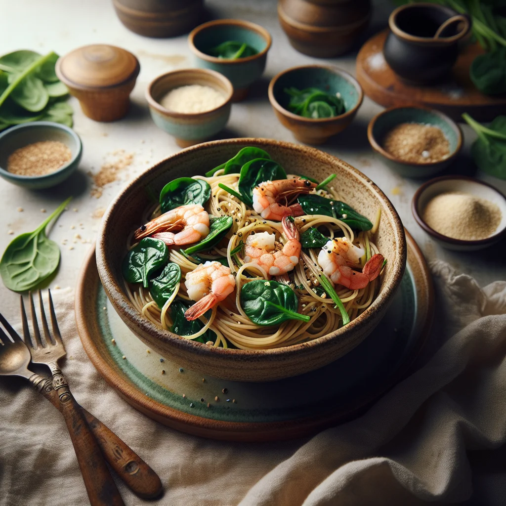 Whole Wheat Spaghetti with Fresh Spinach and Grilled Shrimp