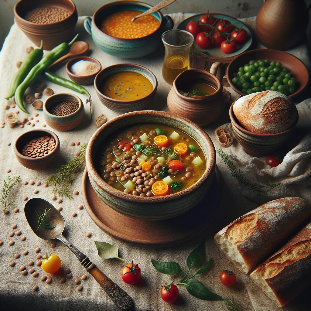 Italienische Linsensuppe mit frischem Gemüse und Ciabatta