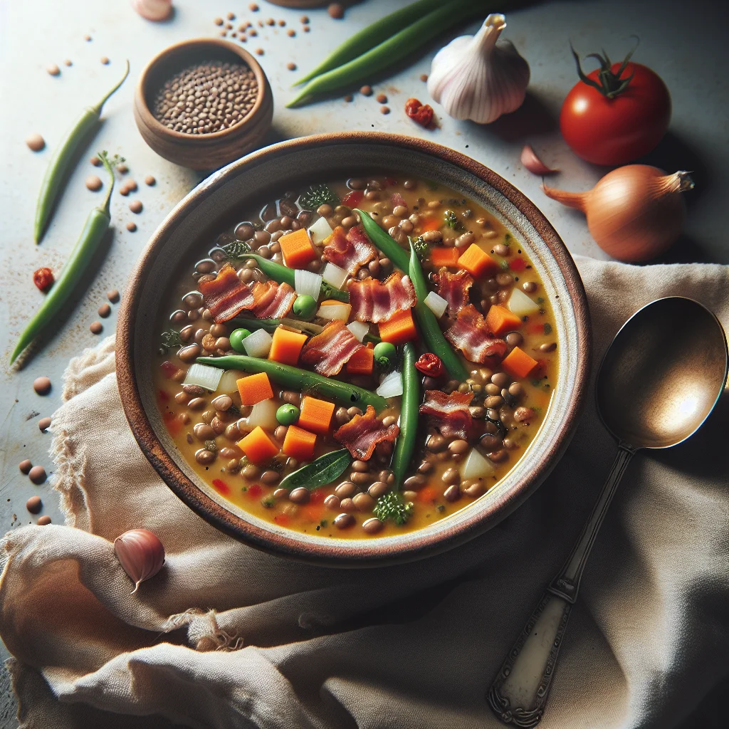 Italienische Linsensuppe mit frischem Gemüse und Pancetta