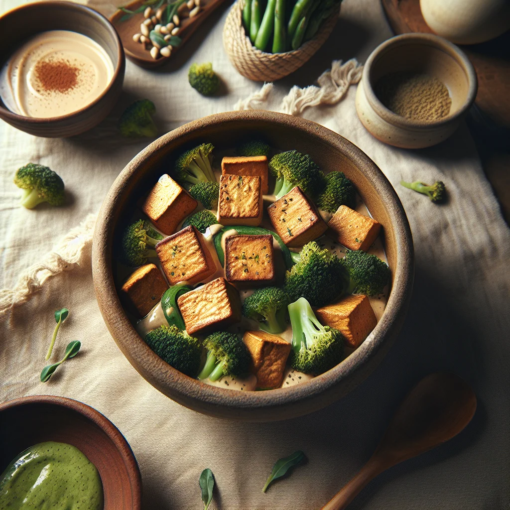 Crispy Tofu with Tahini Sauce and Steamed Broccoli