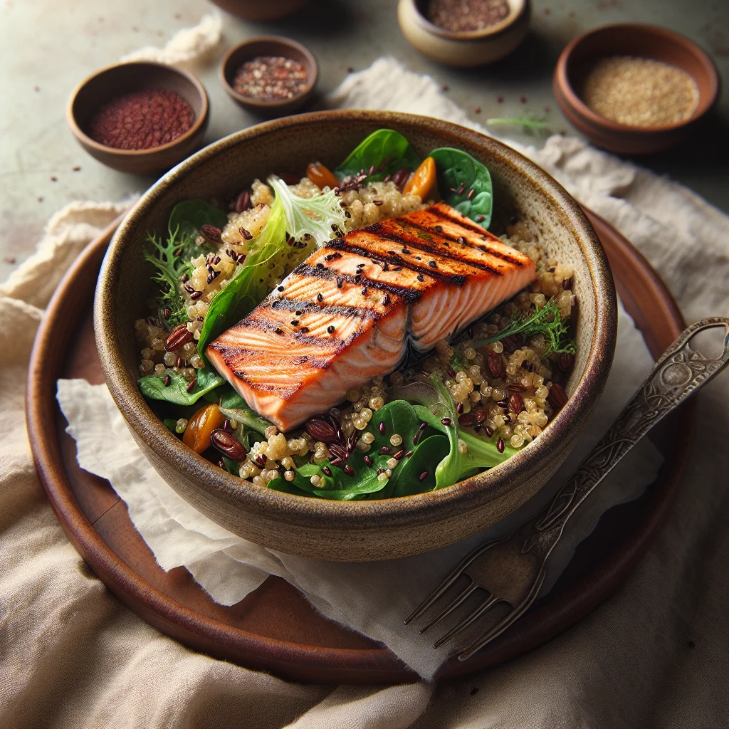 Grilled Salmon with Quinoa and Mixed Greens
