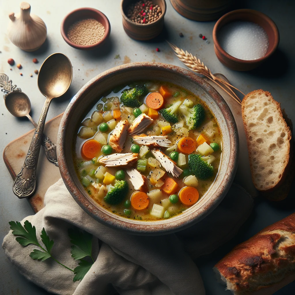 Sopa de Legumes Rica com Frango e Pão Integral