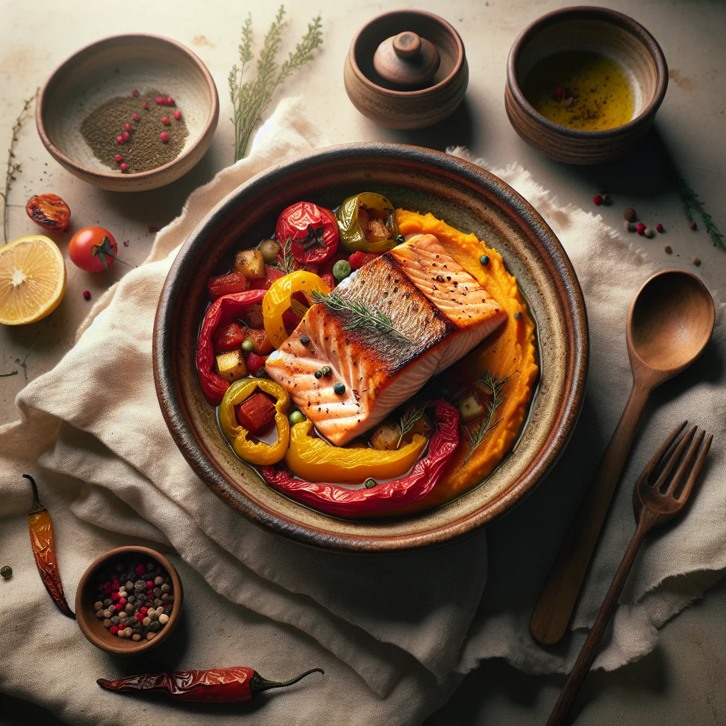 Zalmfilet com Pimentão Assado e Purê de Batata Doce