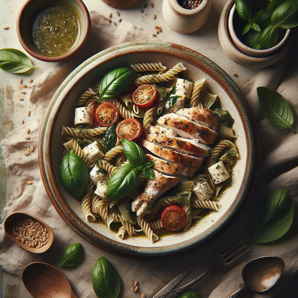 Italienisches Huhn Caprese mit Basilikumpesto und Vollkornnudeln