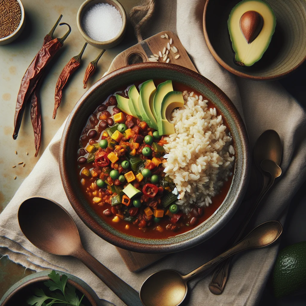 Picante Vegan Chili com Arroz Integral e Abacate