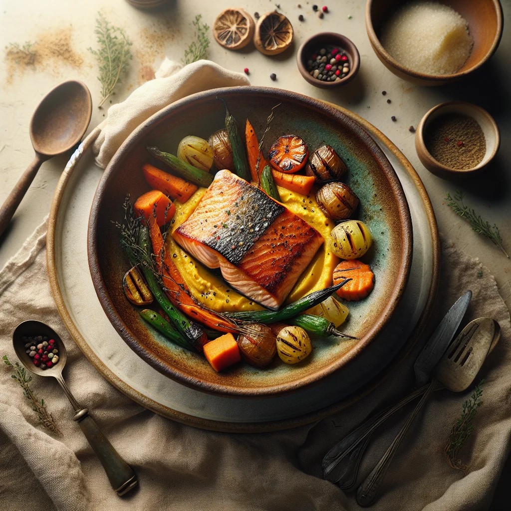 Chef's Especial Salmão Assado com Purê de Batata Doce e Legumes Grelhados