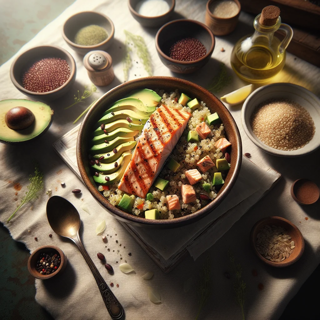 Fresh Quinoa Salad with Grilled Salmon and Avocado