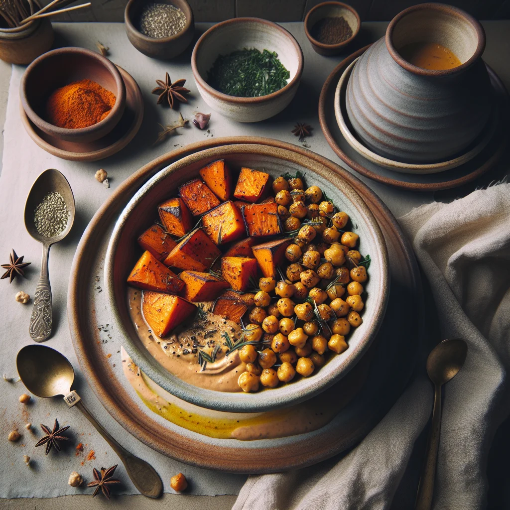 Batatas Doces Assadas com Grão de Bico Temperado e Molho de Tahine