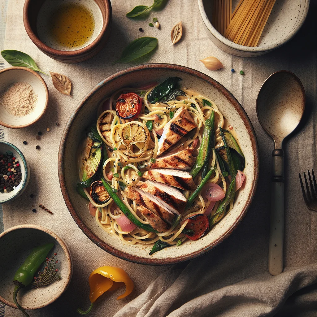 Saúde Italiana Esparguete Integral Carbonara com Frango Grelhado e Legumes Frescos