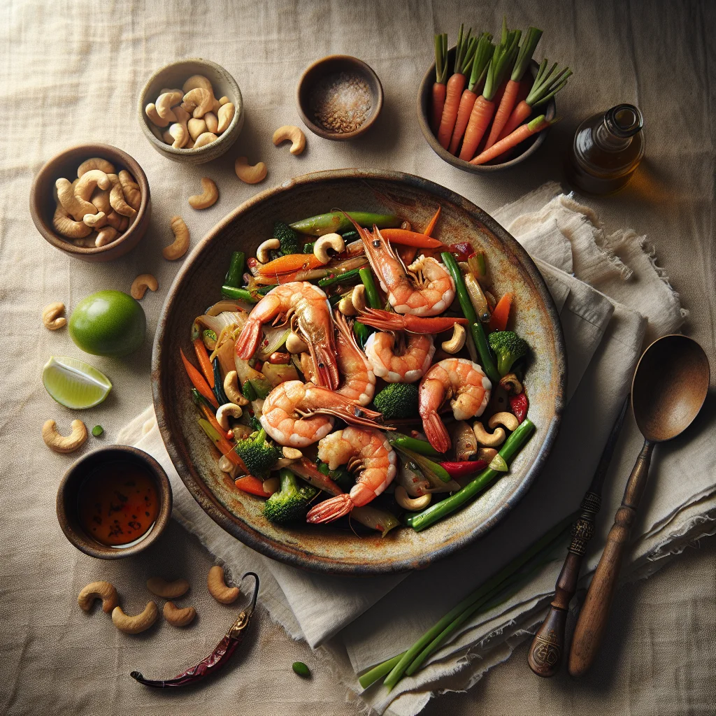 Camarão Tailandês Salteado com Legumes e Castanha de Caju