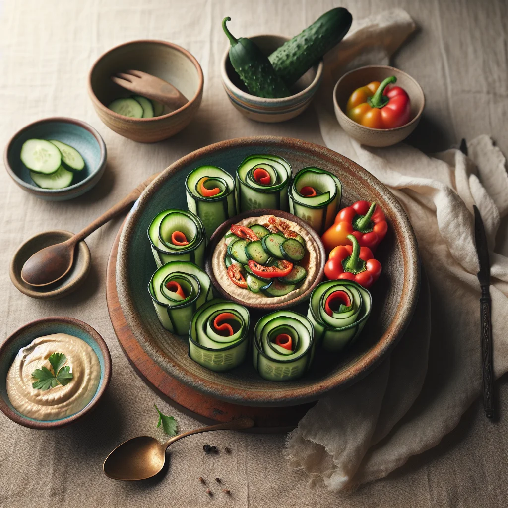 Fresh Cucumber Rolls with Hummus and Peppers