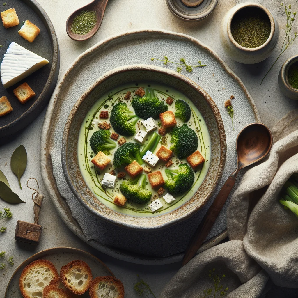 Broccoli Soup with Croutons and Goat Cheese