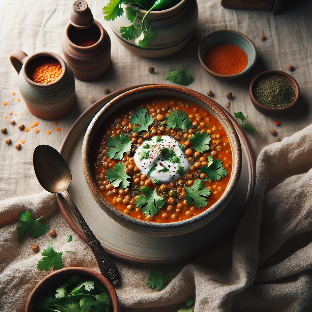 Sopa de lentilhas picante com coentro fresco e iogurte