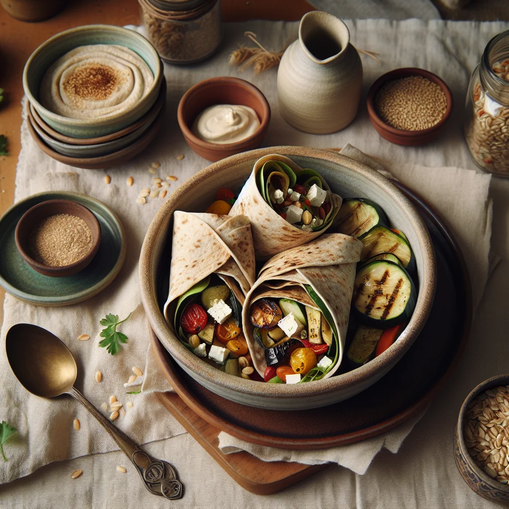 Whole Wheat Wraps with Grilled Vegetables, Hummus and Feta