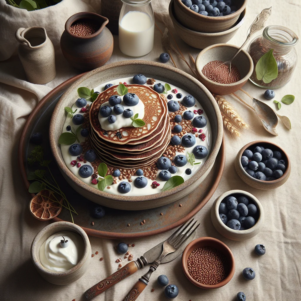 Gesunde Buchweizenpfannkuchen mit Heidelbeeren und griechischem Joghurt