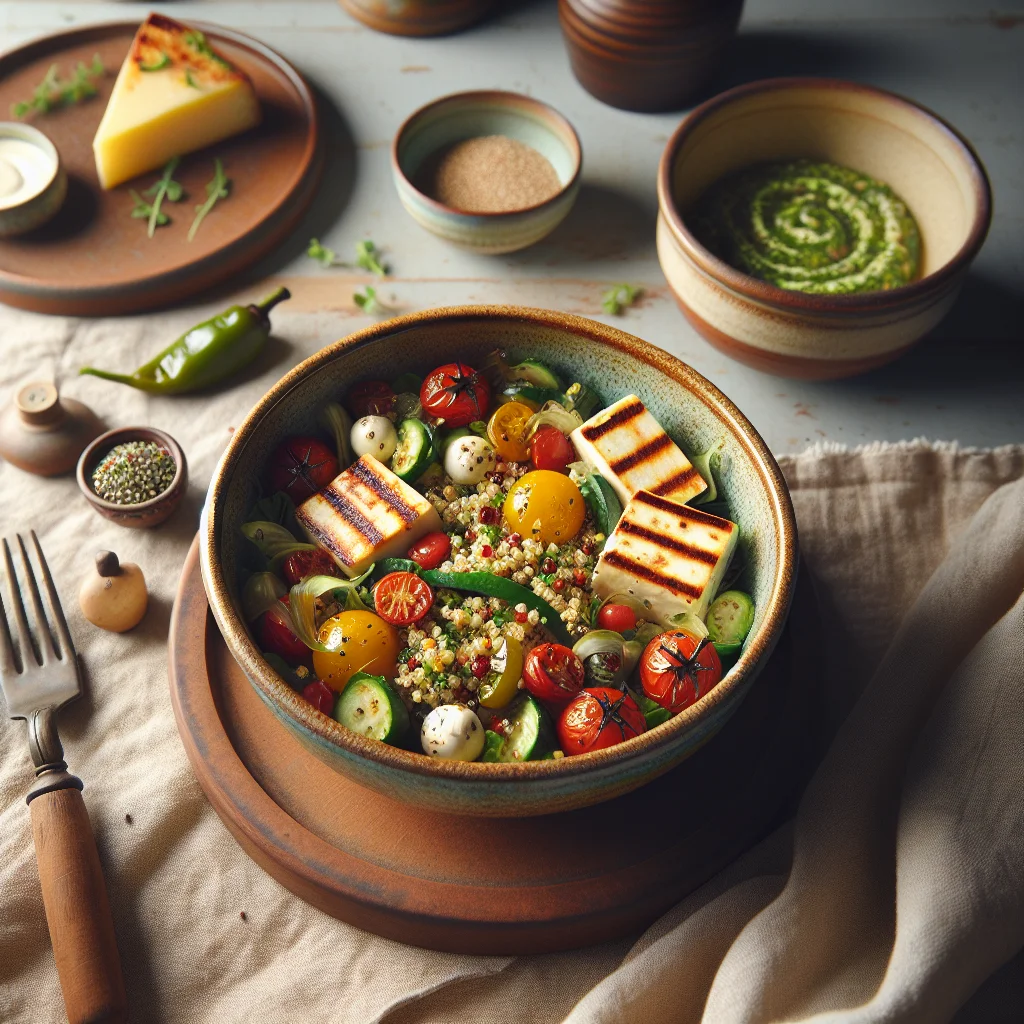 Salada de Quinoa Colorida com Halloumi Grelhado
