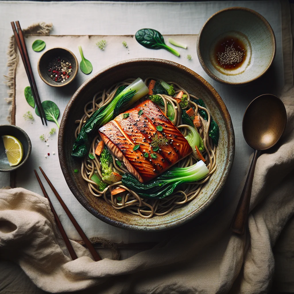 Especial do Chef: Salmão Teriyaki Fresco com Soba Noodles e Paksoi