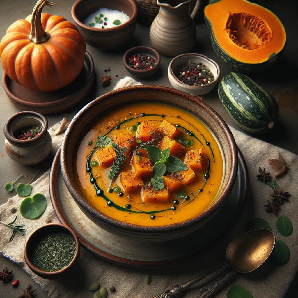 Heartwarming Roasted Pumpkin Soup with Spicy Herb Oil