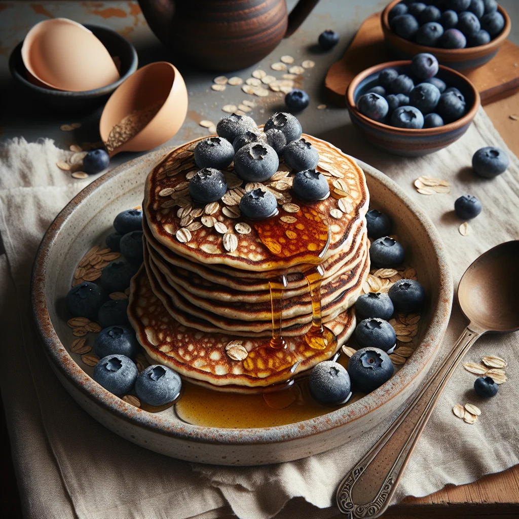 Healthy Oat Pancakes with Blueberries and Maple Syrup