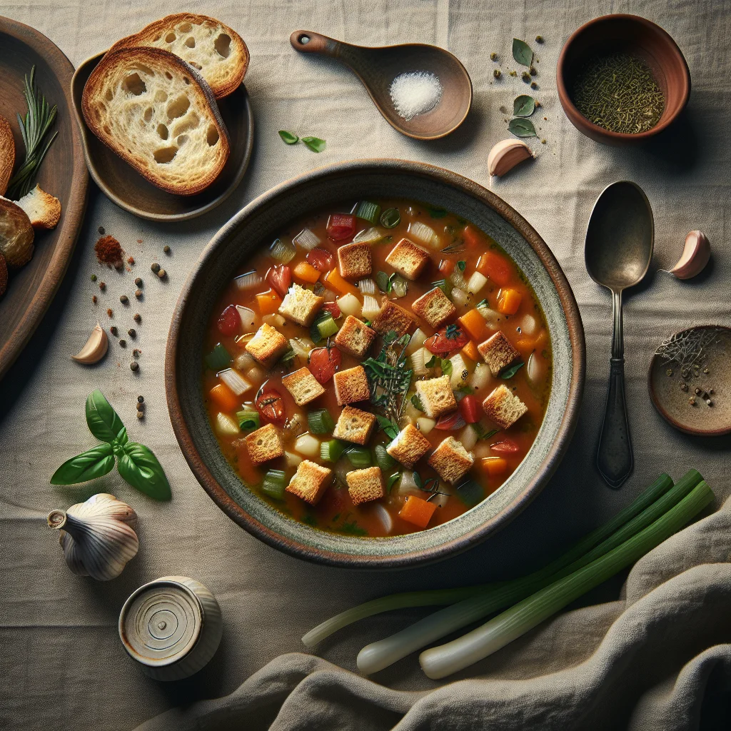 Sopa Italiana Minestrone com Croutons de Pão Azedo