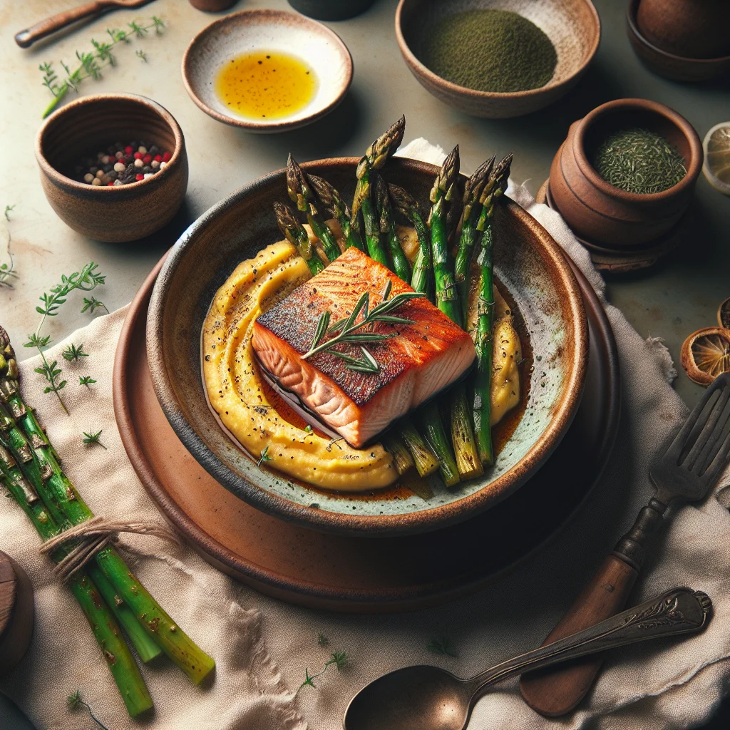 Especial do Chef: File de Salmão Crocante com Purê de Batata Doce e Espargos Assados