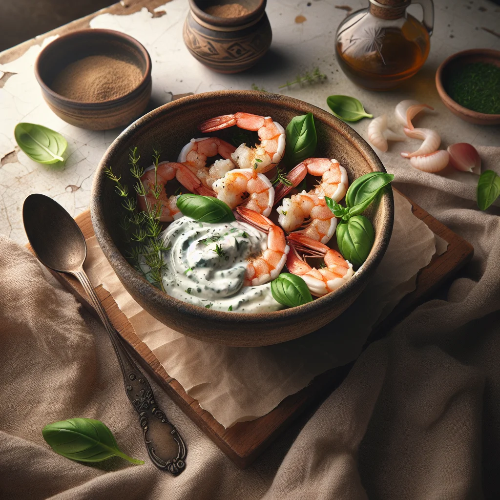 Deliciosos Camarões de Basilico Fresco com Tzatziki Caseiro