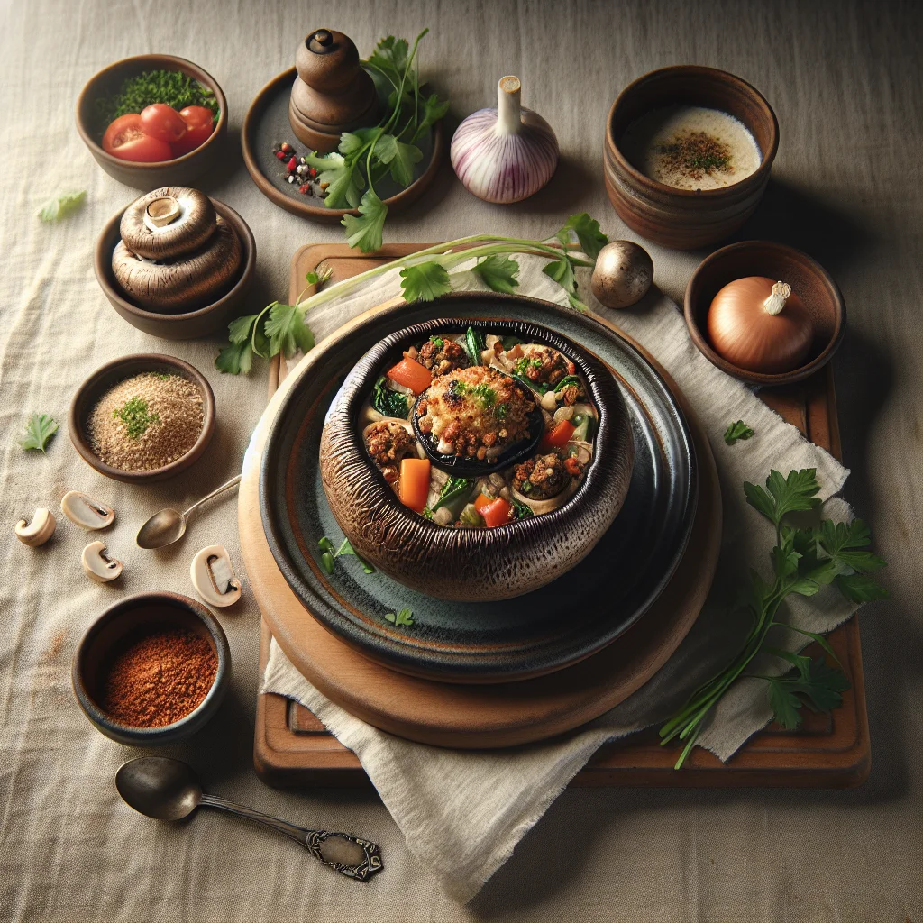 Portobello cogumelos recheados com carne moída e legumes