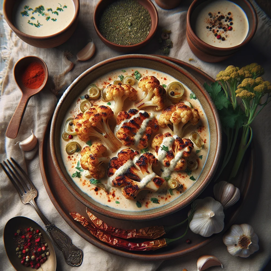 Bifes de Couve-Flor Temperados e Grelhados com Molho de Alho Cremoso