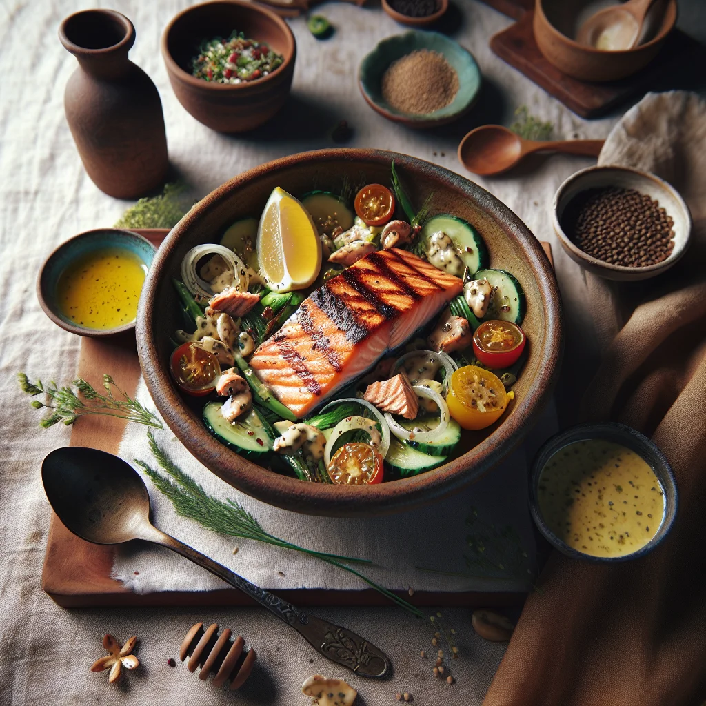 Salad with Grilled Salmon and Honey Mustard Dressing