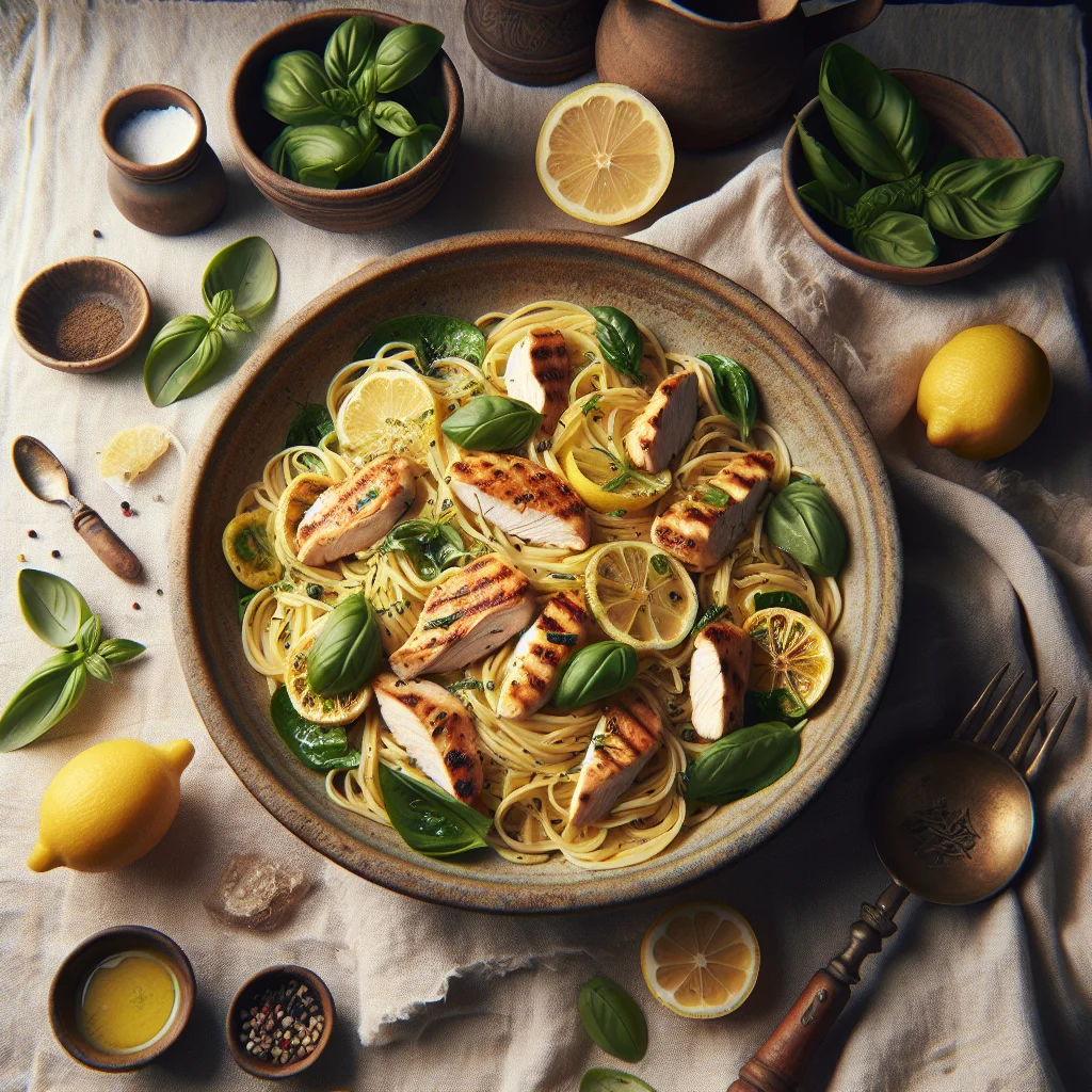 Lemon Spaghetti with Grilled Chicken and Fresh Basil