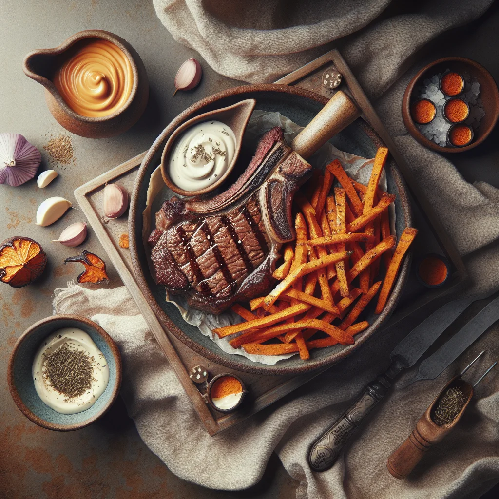 Chef's Special: Costela de Porco Grelhada com Batata Doce Frita e Maionese de Alho Caseira