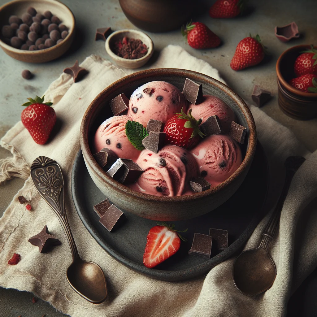 Homemade Strawberry Ice Cream with Dark Chocolate Chunks