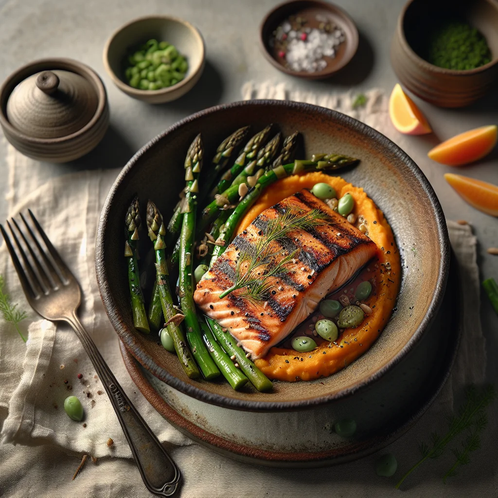 Chef's Special: Gegrillter Lachs mit Süßkartoffelpüree und Grünem Spargel
